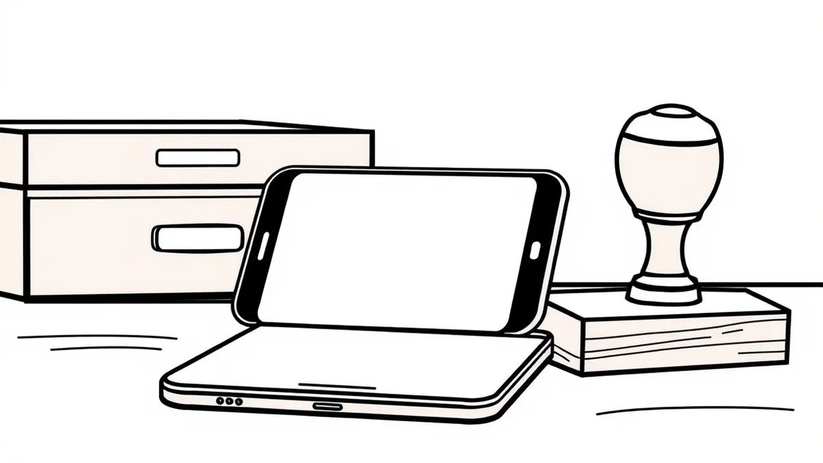 Illustration: A smartphone rests on a polished office desk, its screen displaying a stark red alert icon over a blank message interface.