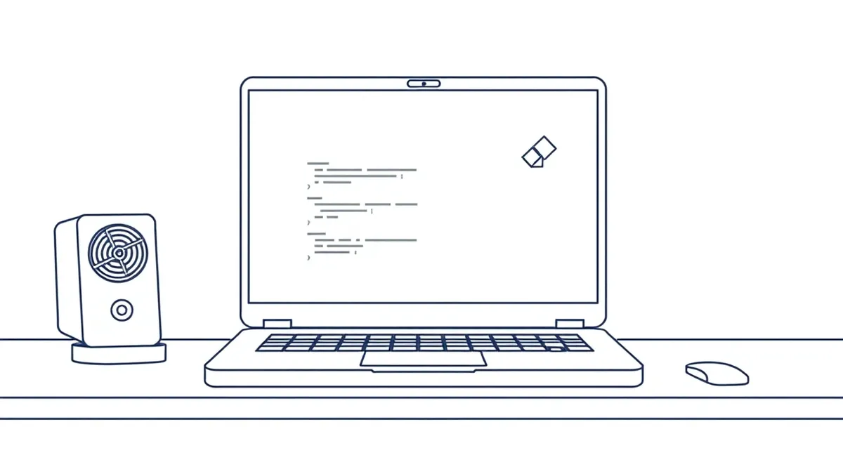 Illustration: A generic laptop computer sits on a clean white desk with its screen displaying a blank code editor interface.