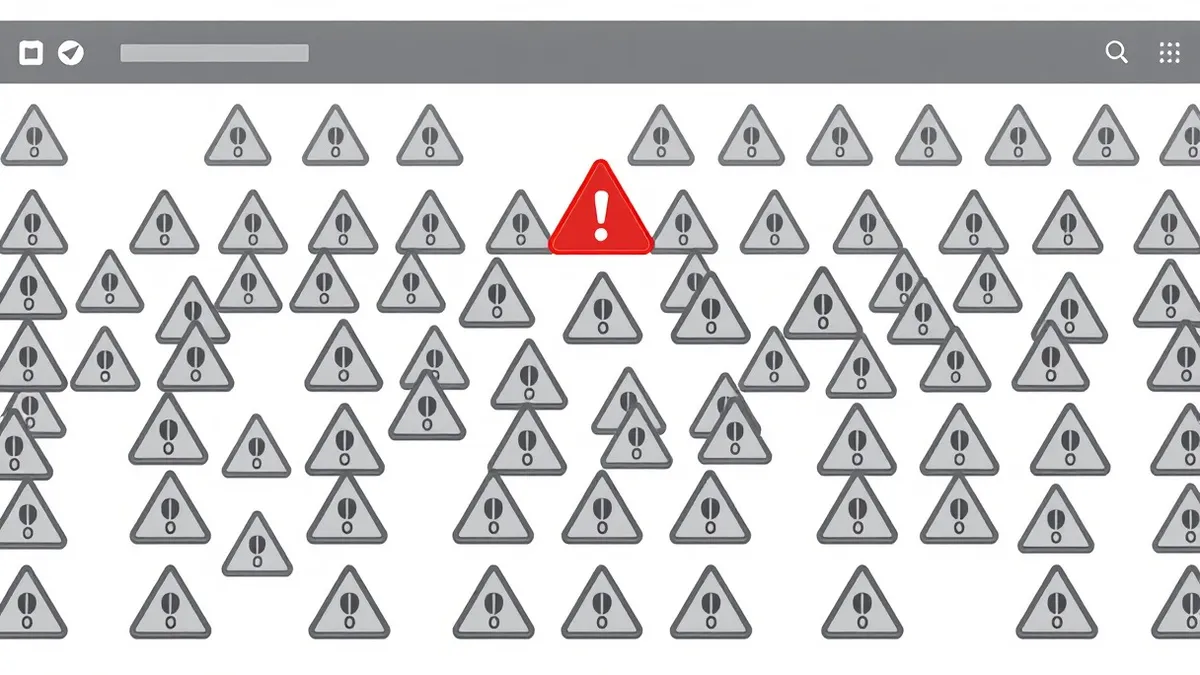 Illustration: A single red alert icon floats above a cluttered dashboard filled with dozens of identical gray warning badges.