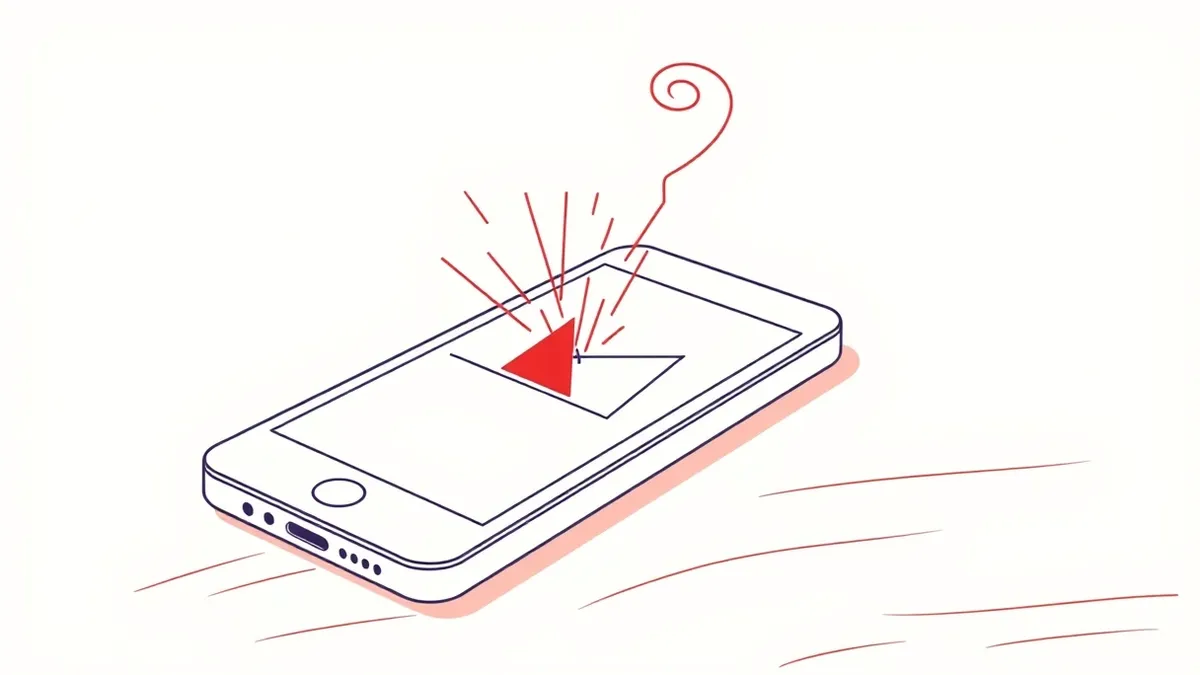 Illustration: A white smartphone rests on a wooden desk, its screen displaying a blank email composition window with a single red warning triangle.