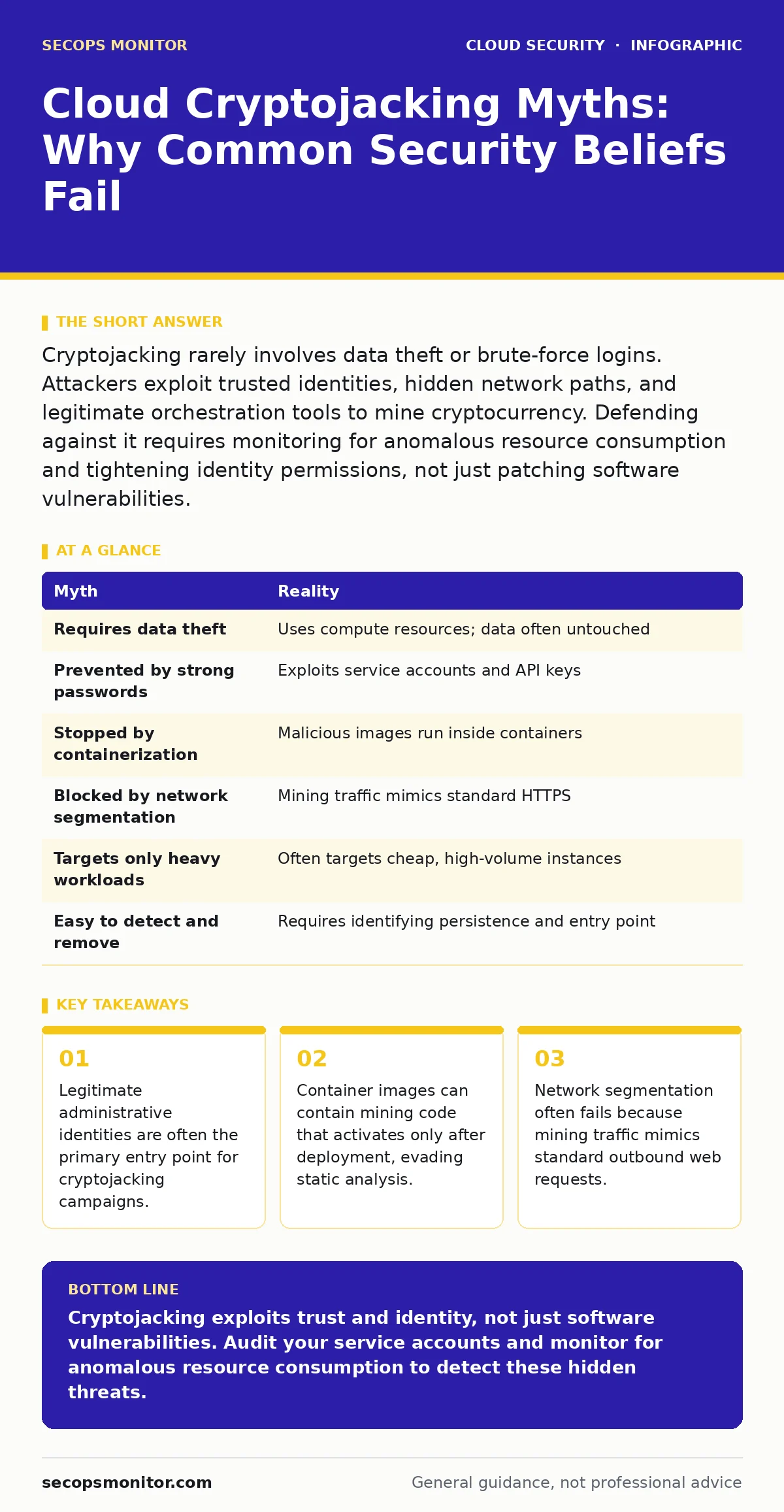 Infographic: Cloud Cryptojacking Myths: Why Common Security Beliefs Fail. Legitimate administrative identities are often the primary entry point for cryptojacking campaigns. Container images can contain mining code that activates only after deployment, evading static analysis. Network segmentation o