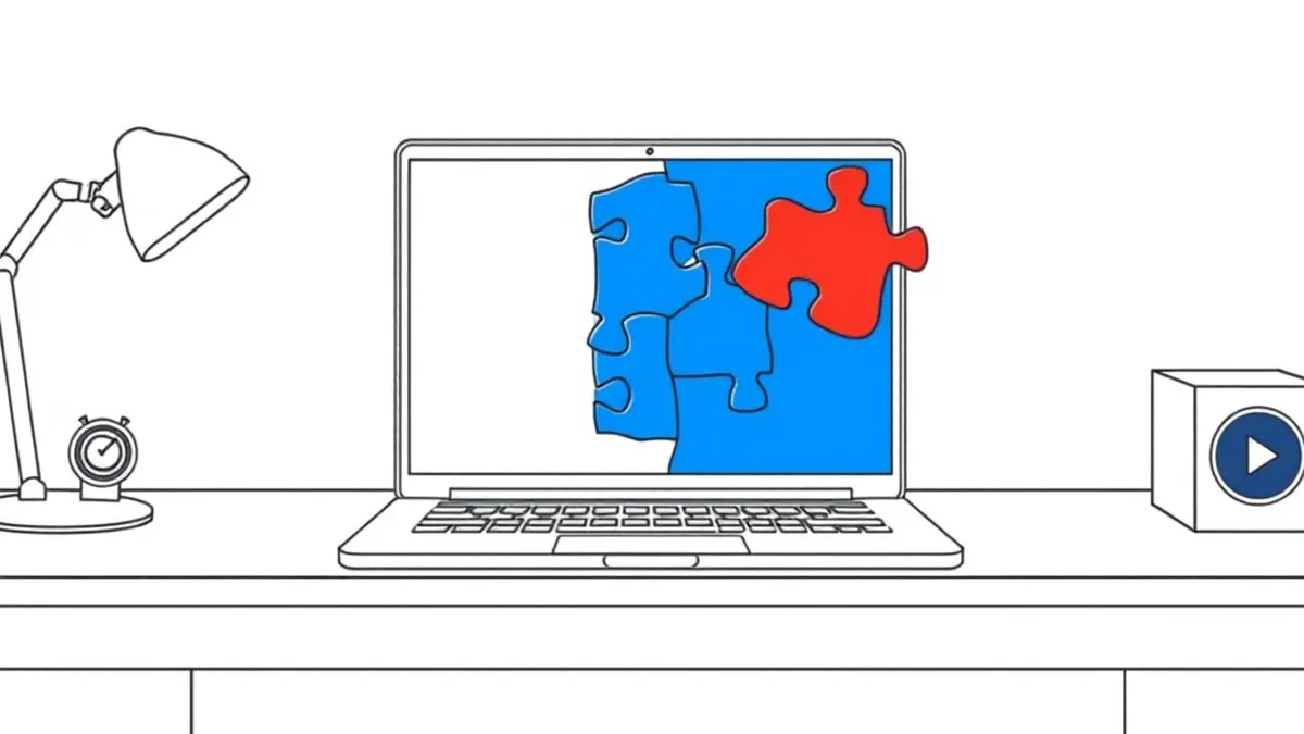 Illustration: A sleek silver laptop sits on a clean white desk, its screen displaying a vibrant blue abstract geometric puzzle where interlocking pieces fit perfectly without gaps.