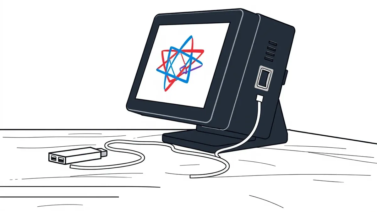 Illustration: A sleek black terminal sits on a wooden desk, its screen displaying tangled blue and red geometric shapes.