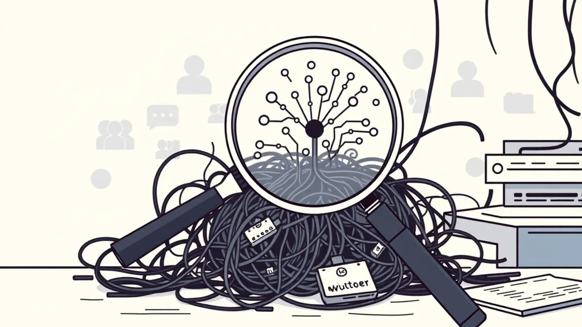 Illustration: A magnifying glass hovers over a tangled ball of dark, tangled wires and circuit boards on a messy desk.