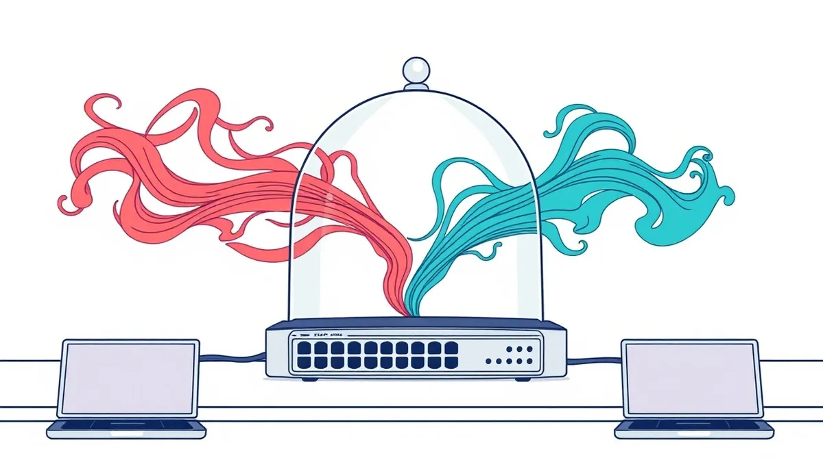 Illustration: A transparent glass dome sits over a network router, capturing swirling colored mist that replaces the normal data flow.