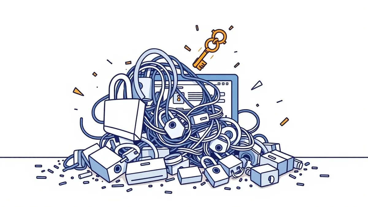 Illustration: A tangled knot of digital locks breaks apart on a chaotic desktop, revealing an open administrative dashboard behind the debris.