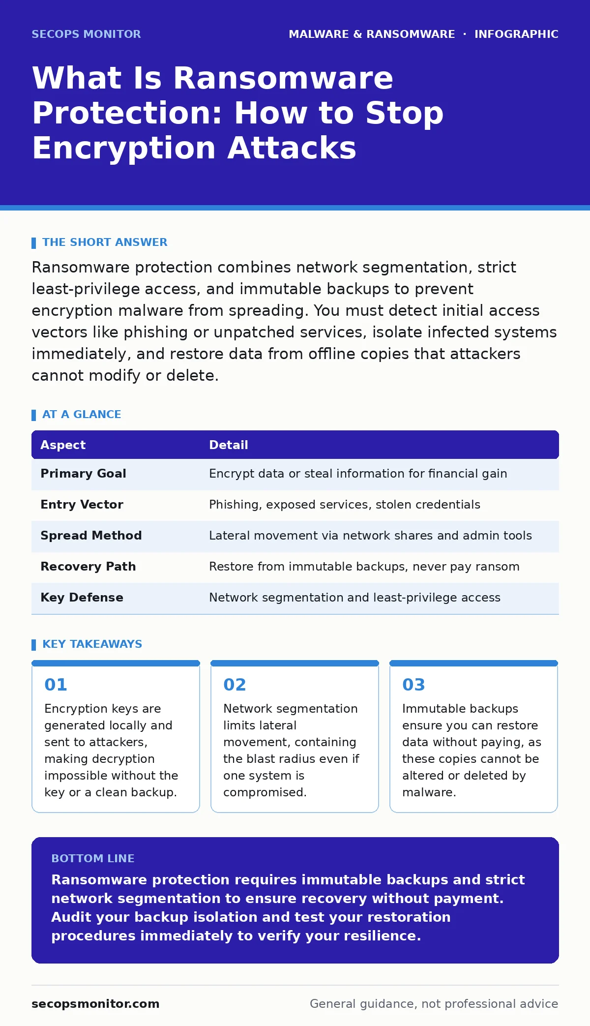 Infographic: What Is Ransomware Protection: How to Stop Encryption Attacks. Encryption keys are generated locally and sent to attackers, making decryption impossible without the key or a clean backup. Network segmentation limits lateral movement, containing the blast radius even if one system is com
