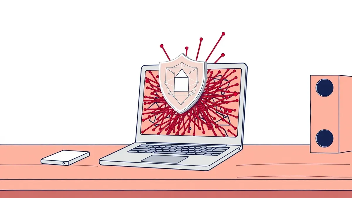 Illustration: A silver laptop sits on a wooden desk with its screen displaying a chaotic tangle of red lines and geometric shapes.