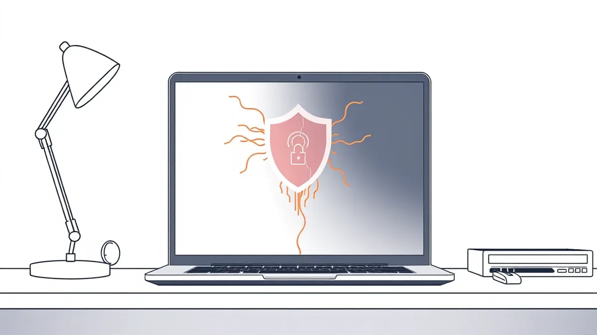 Illustration: A sleek silver laptop sits on a desk, its blank screen reflecting a tangled mess of glowing orange and red threads.