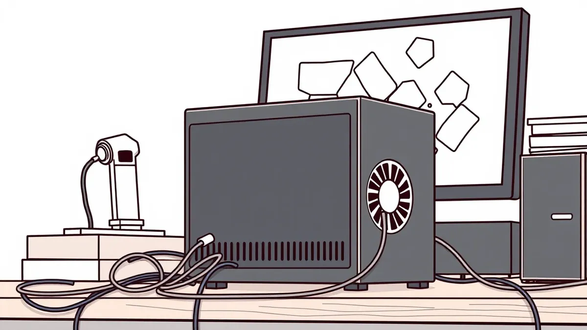 Illustration: A black media server box sits on a cluttered wooden desk.