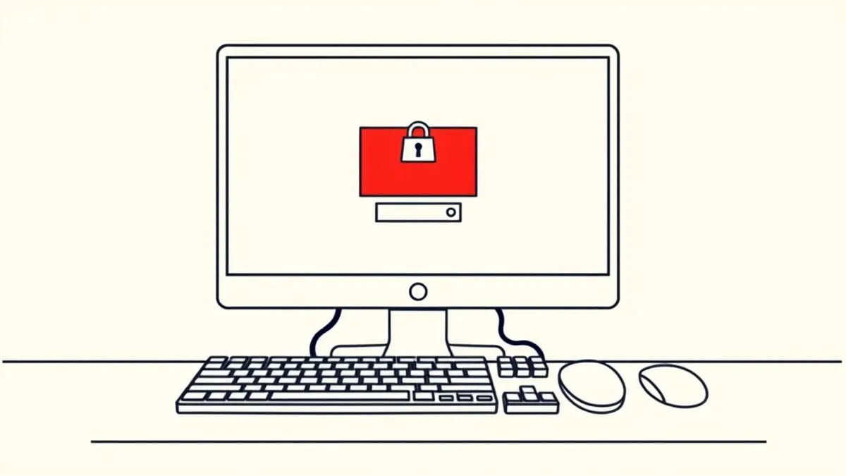 Illustration: A single login interface sits on a desk, its screen displaying a stark red warning message and a crossed-out key icon.