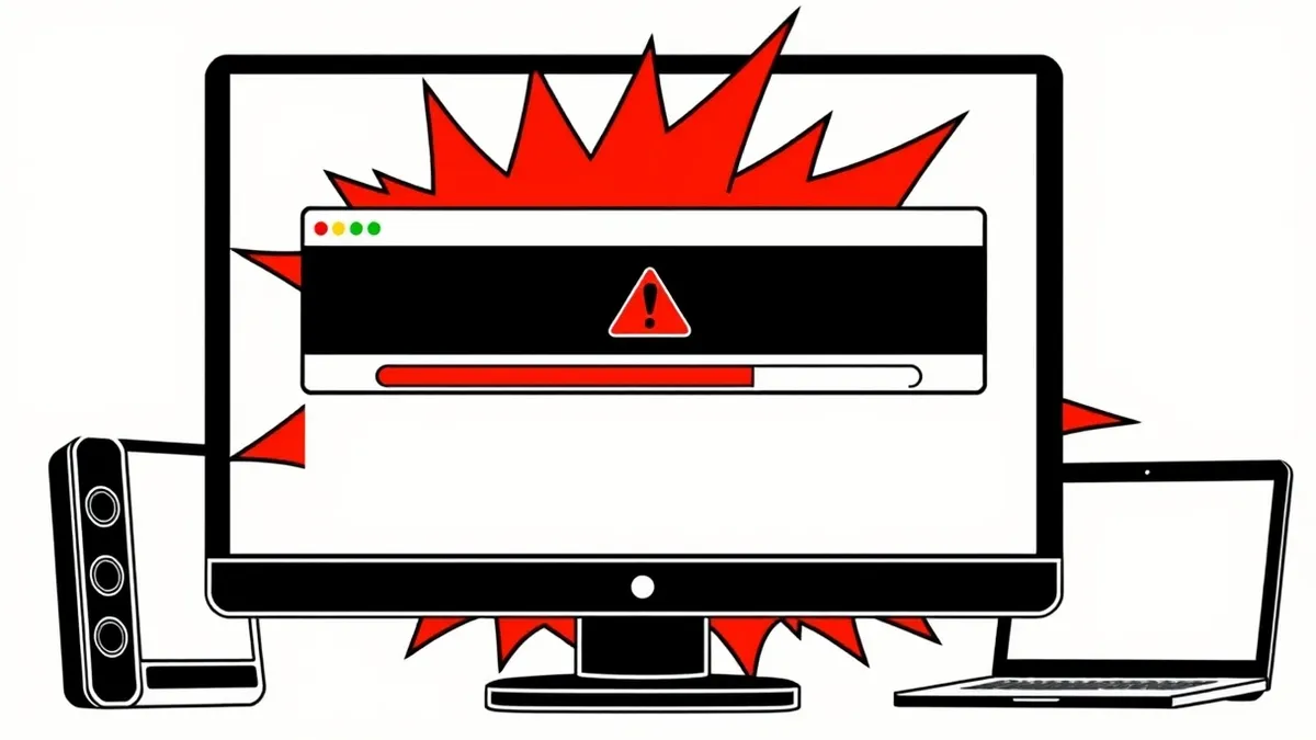 Illustration: A computer monitor displays a software installation progress bar with a red warning icon.