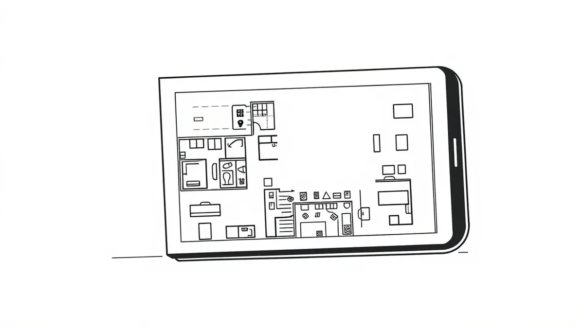 Illustration: A generic smartphone displays a blank social media post above a detailed architectural floor plan.
