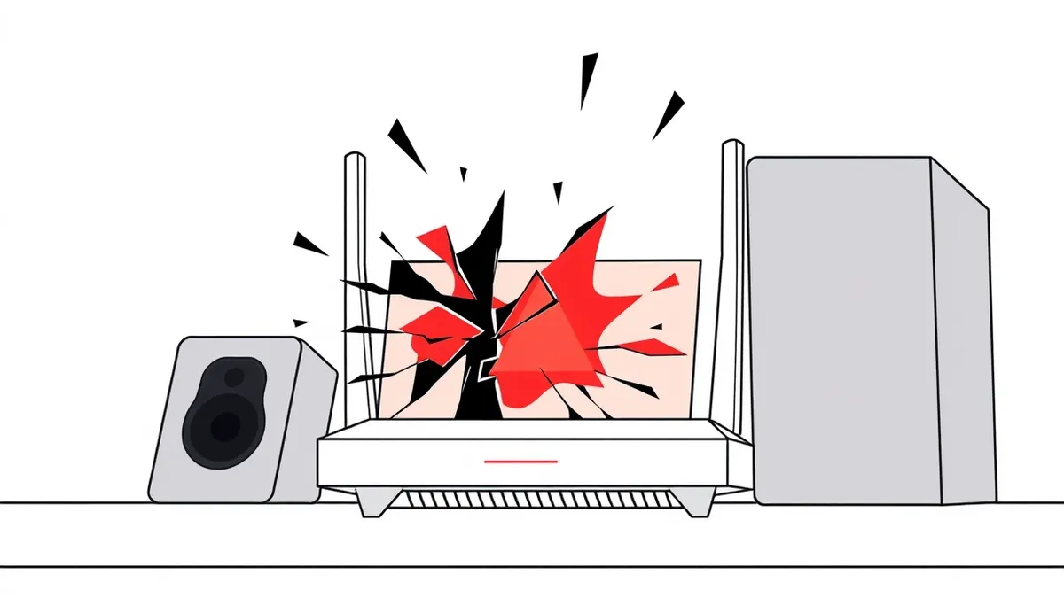 Illustration: A sleek white router device sits on a clean desk with a cracked screen displaying abstract red warning shapes.
