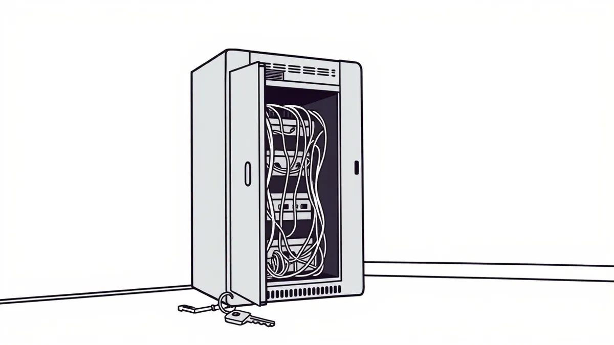Illustration: A dusty, unattended server rack sits in a dark room.