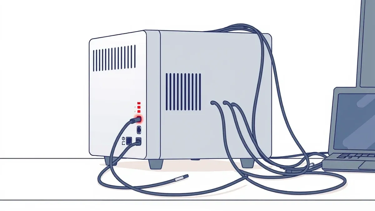 Illustration: A silver network appliance sits on a desk with tangled cables plugged into its rear ports.