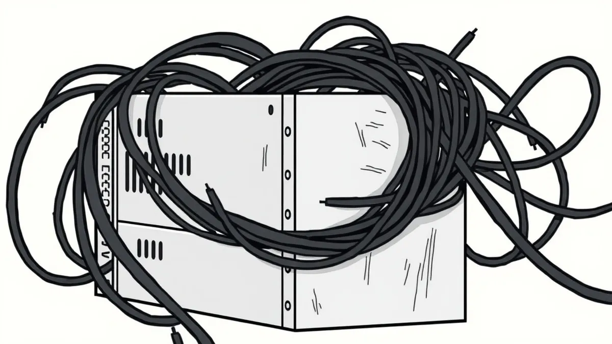 Illustration: A tangled knot of black cables wraps tightly around a silver server chassis, strangling its airflow vents.