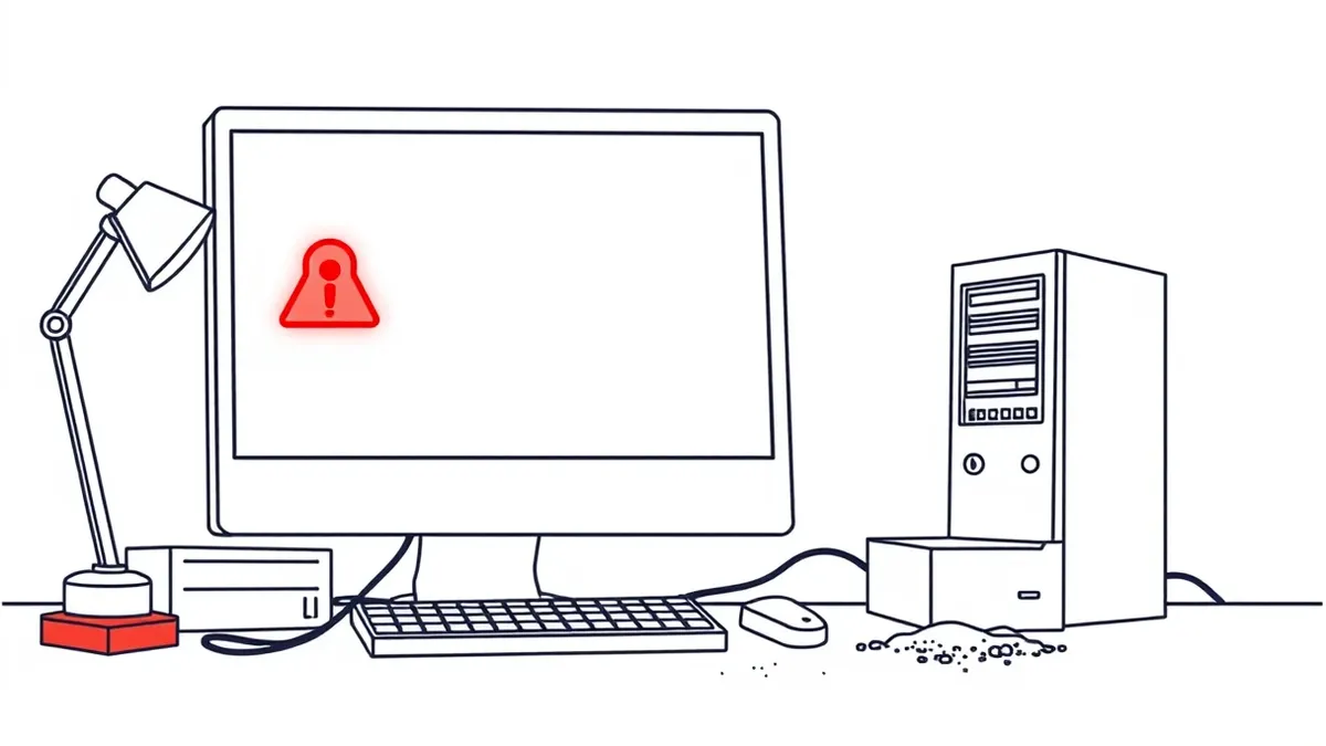 Illustration: A generic desktop computer sits idle on a cluttered office desk.