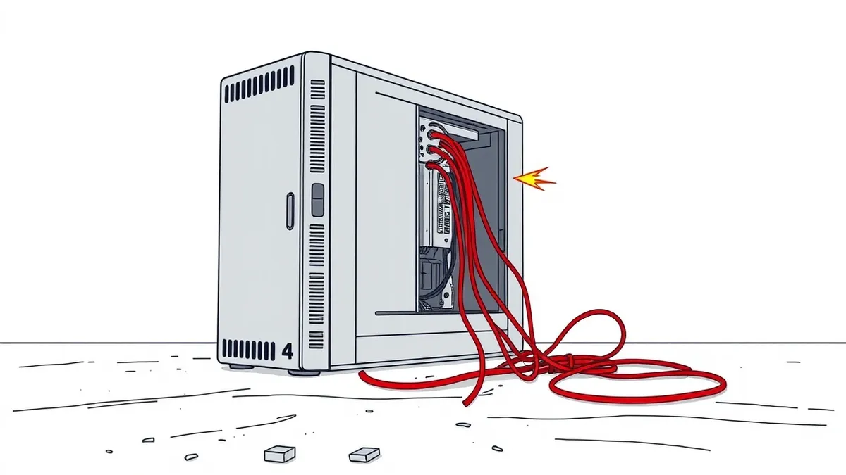 Illustration: A silver Windows server tower sits on a concrete floor with its side panel removed to expose internal circuitry.