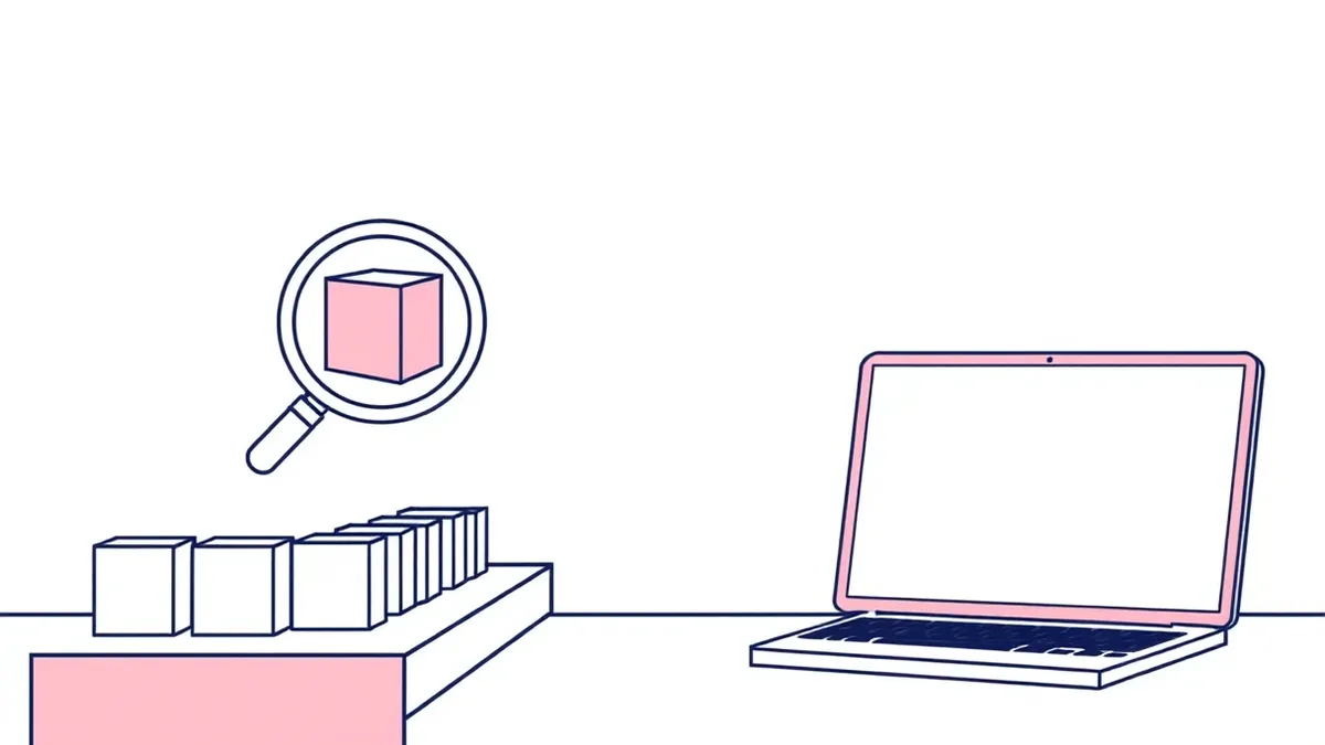 Illustration: A stylized assembly line moves small geometric blocks from left to right.