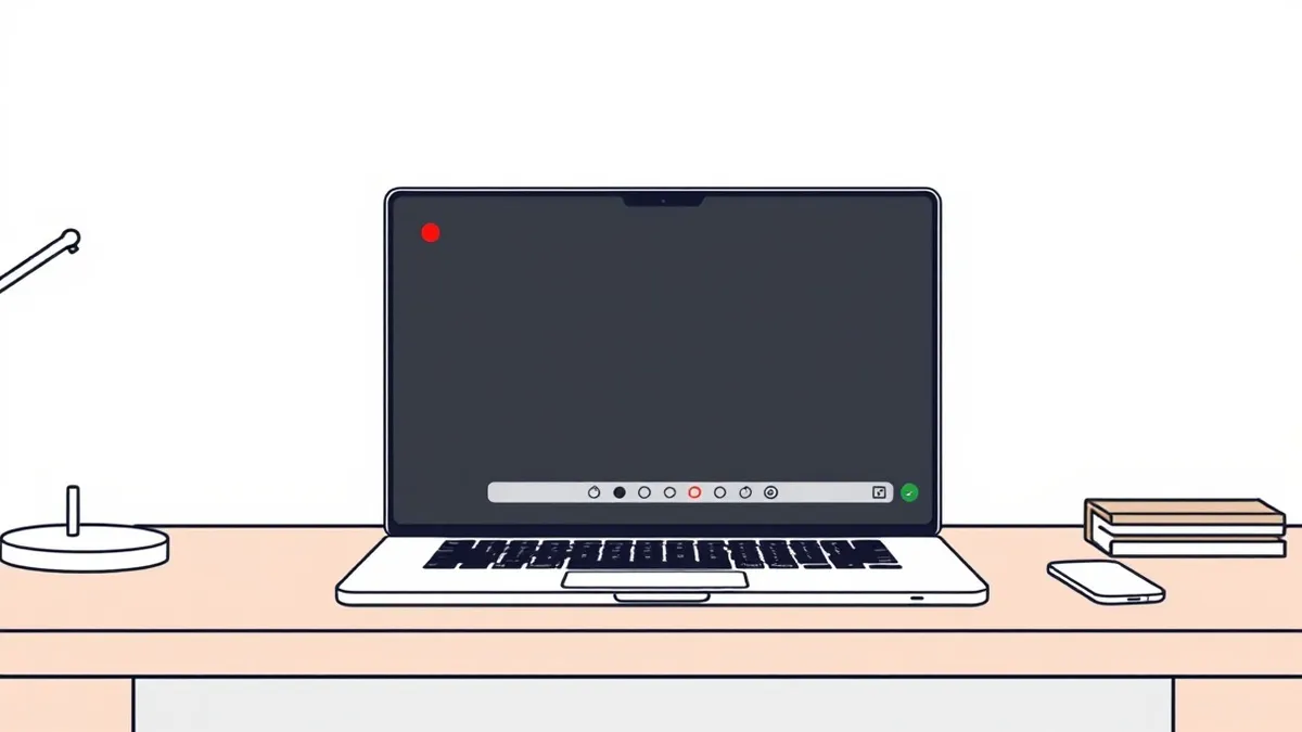 Illustration: A sleek laptop sits on a wooden desk with its screen displaying a blank video conference interface and an empty participant grid.