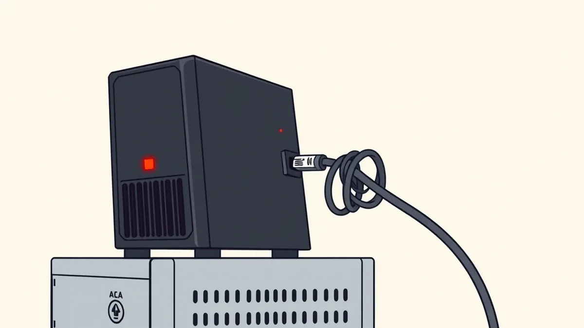 Illustration: A sleek black network security appliance sits on a metal rack with its front panel lights blinking red.