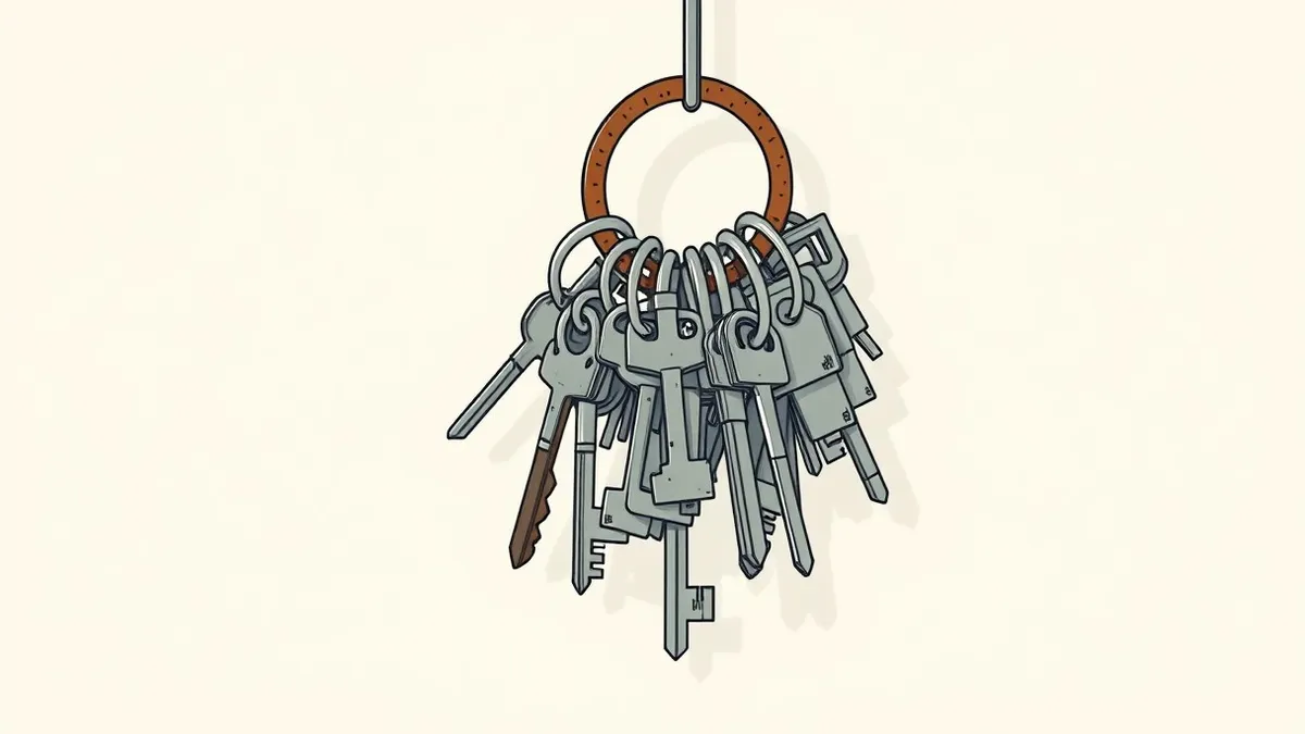 Illustration: A tangled mass of faded, dusty keys hangs loosely from a rusted, circular ring.