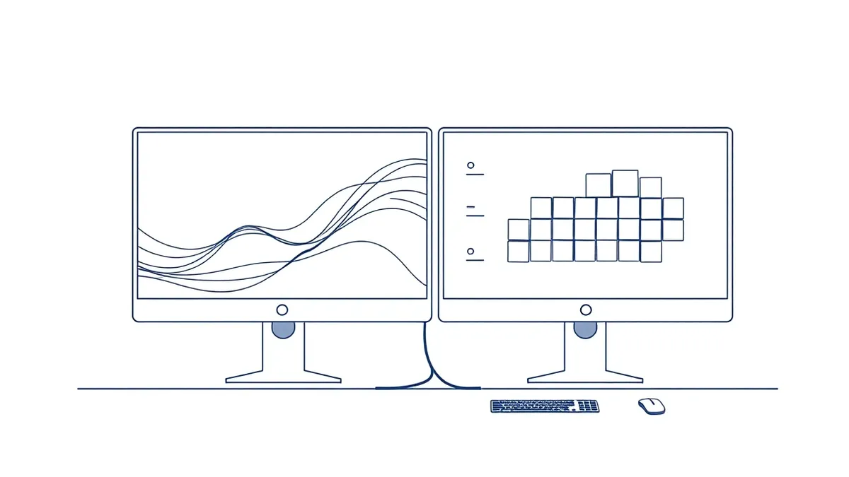 Illustration: A split workstation setup shows a blank monitor with swirling abstract lines on the left and a second monitor with rigid geometric blocks on the right.
