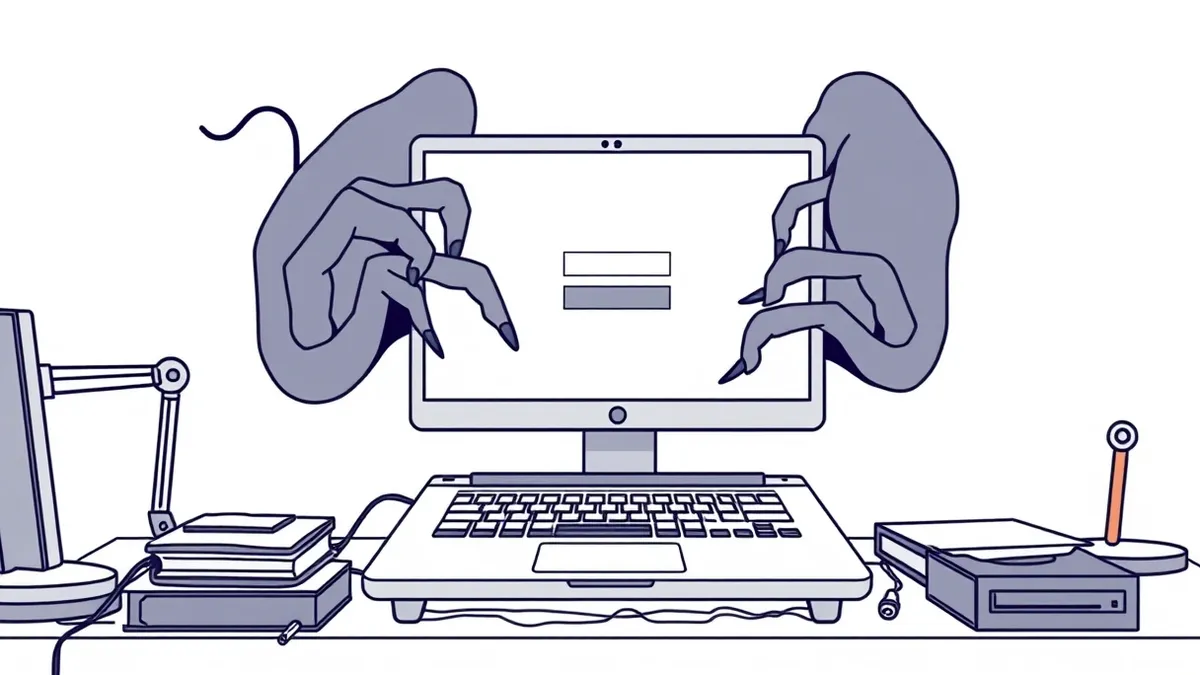 Illustration: A sleek silver laptop sits on a cluttered desk, its screen displaying a blank login window with a subtle glitch in the interface.
