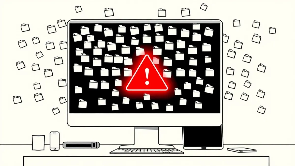 Illustration: A dark desktop monitor displays a chaotic grid of blank, jagged file icons scattered across a black background.