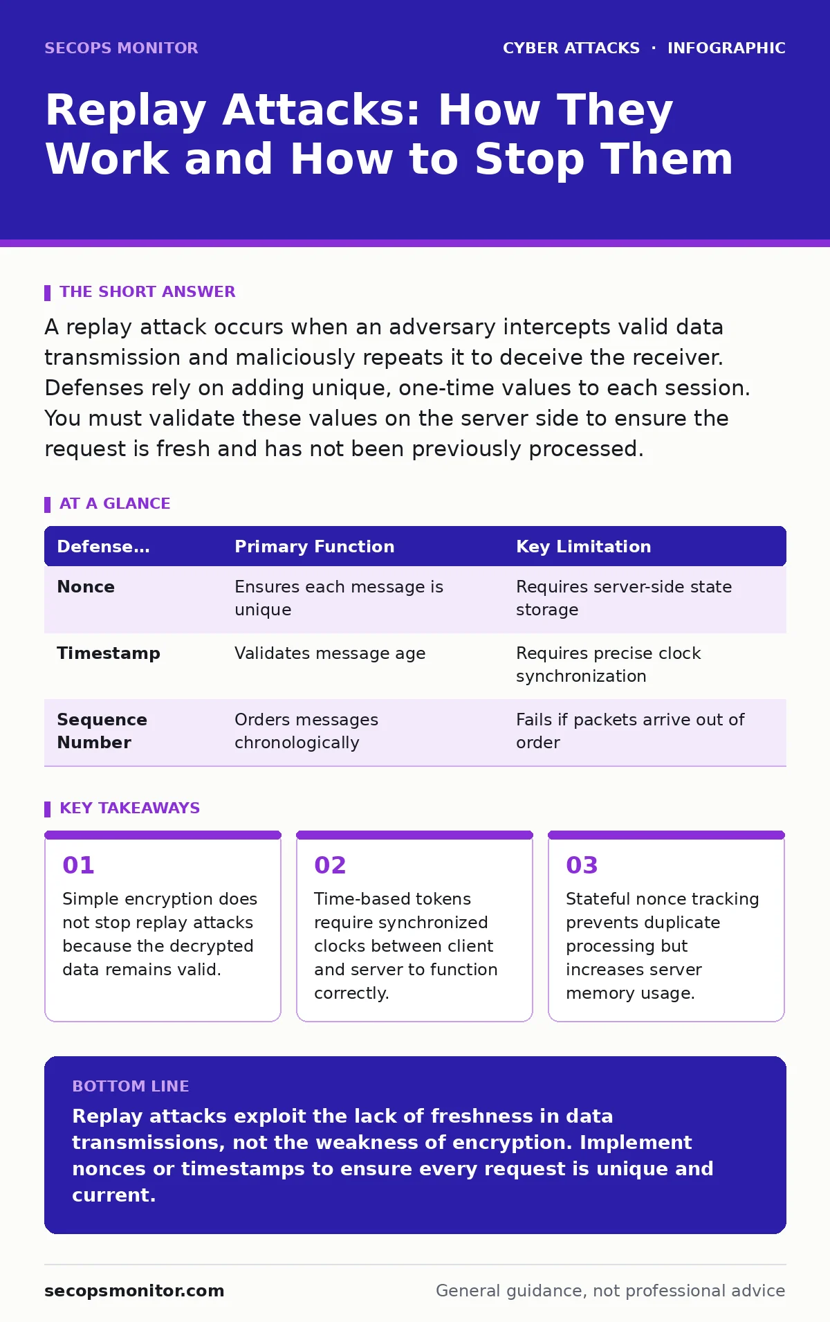 Infographic: Replay Attacks: How They Work and How to Stop Them. Simple encryption does not stop replay attacks because the decrypted data remains valid. Time-based tokens require synchronized clocks between client and server to function correctly. Stateful nonce tracking prevents duplicate processi