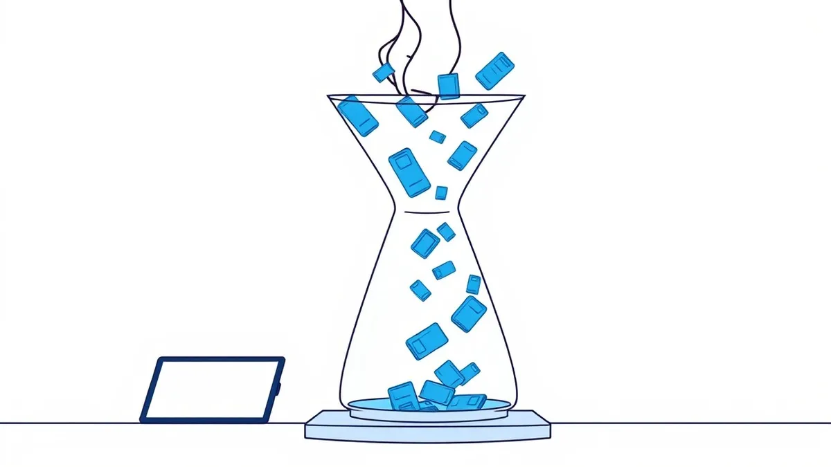 Illustration: A transparent glass funnel catches glowing blue digital packets falling from above, trapping them inside a sealed container.