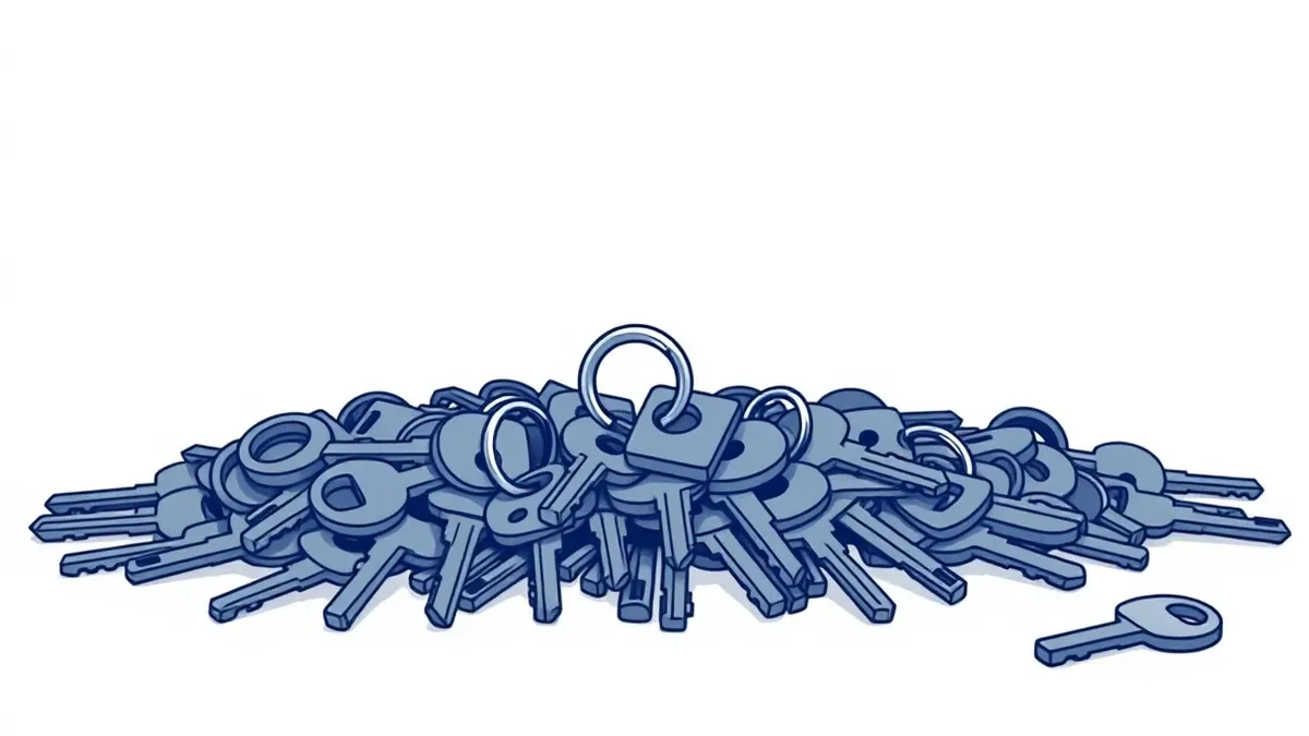 Illustration: A single key rests on a pile of many unused keys.