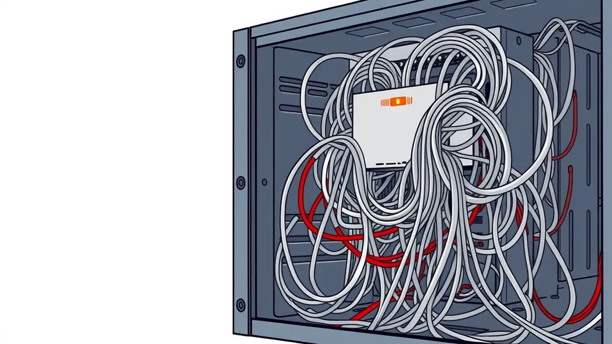 Illustration: A tangled mass of gray network cables snakes through the open cavity of a server chassis, with faint red wires weaving invisibly through the bundle.