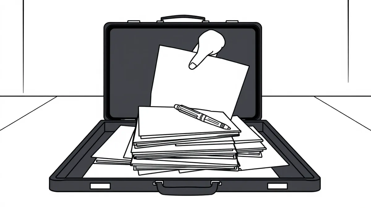 Illustration: A sleek black briefcase sits open on a polished conference table, spilling thick stacks of blank white folders.