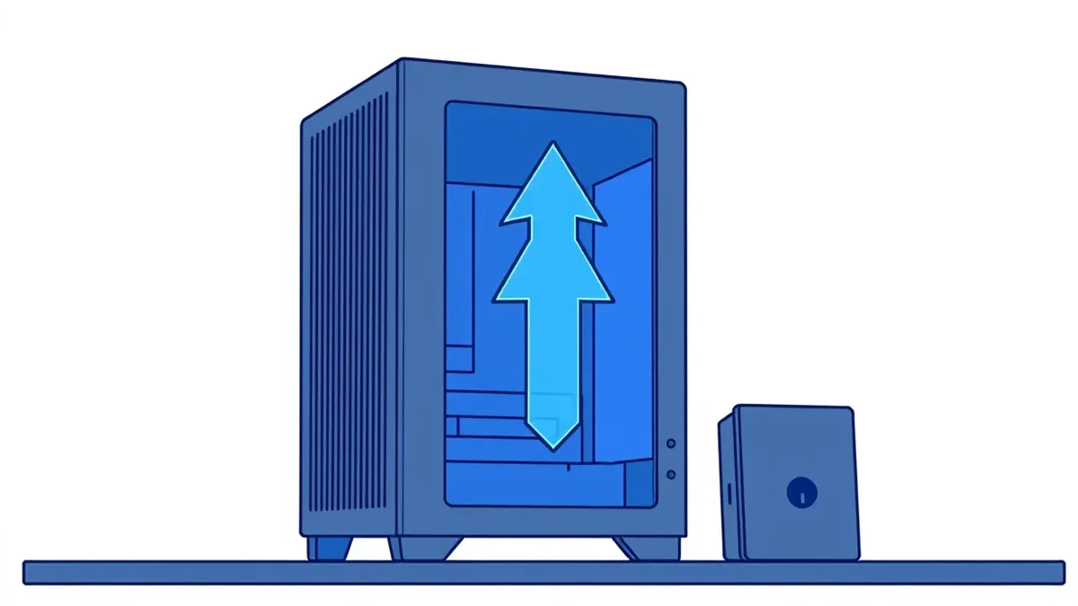Illustration: A sleek server tower sits alone on a dark desk, its front panel glowing with subtle blue lights.