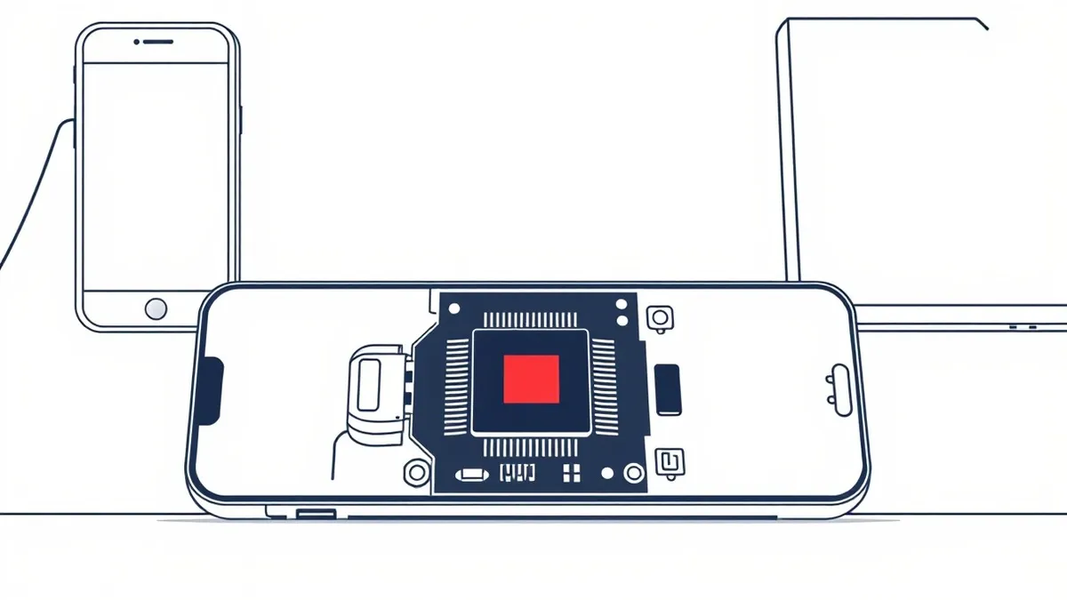 Illustration: A cracked open circuit board rests on a workbench, revealing a small black chip embedded in its center.