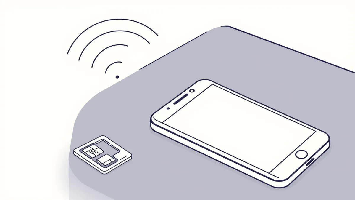 Illustration: A smartphone rests on a dark surface beside a loose SIM card tray.