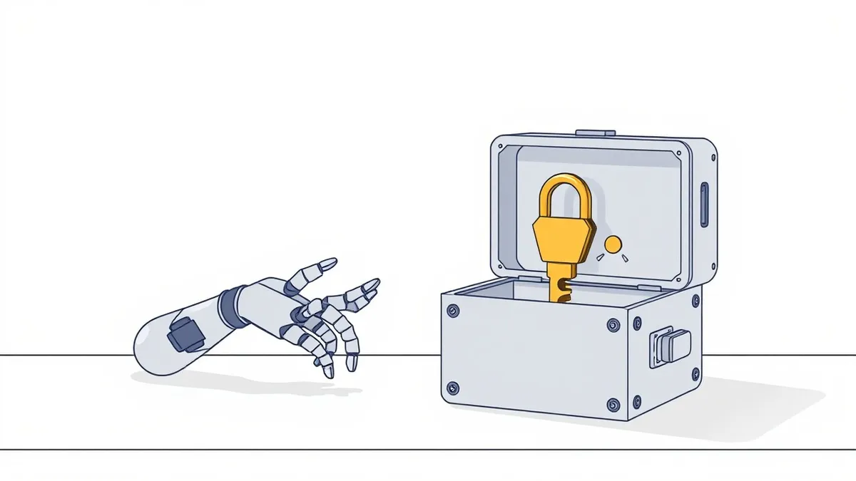 Illustration: A sleek, metallic robot arm rests on a clean white desk next to a single, oversized golden key.