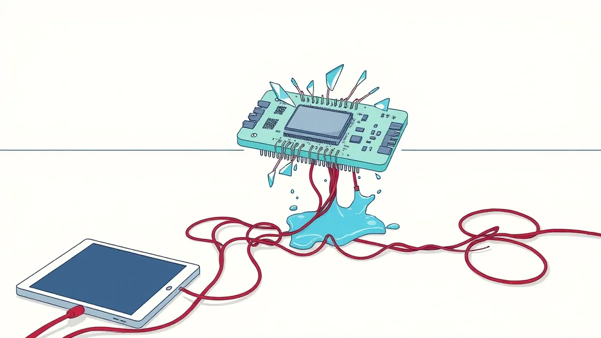 Illustration: A transparent computer memory chip floats above a tangle of tangled red wires that pierce its surface.