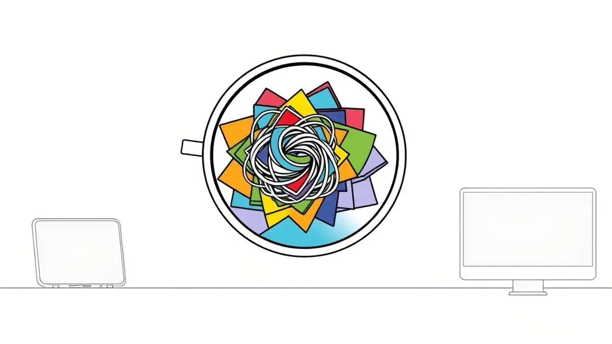 Illustration: A magnifying glass hovers over a tangled knot of colorful abstract shapes, highlighting erratic movement patterns within the mass.