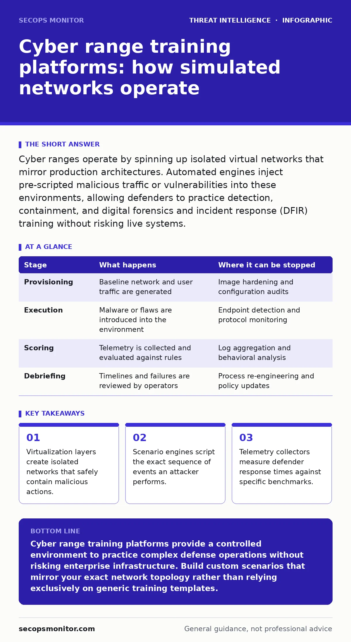 Infographic: Cyber range training platforms: how simulated networks operate. Virtualization layers create isolated networks that safely contain malicious actions. Scenario engines script the exact sequence of events an attacker performs. Telemetry collectors measure defender response times against s