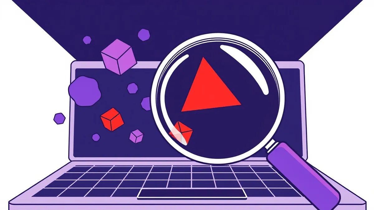 Illustration: A magnifying glass hovers over a digital grid, highlighting several red geometric shapes as known threats.