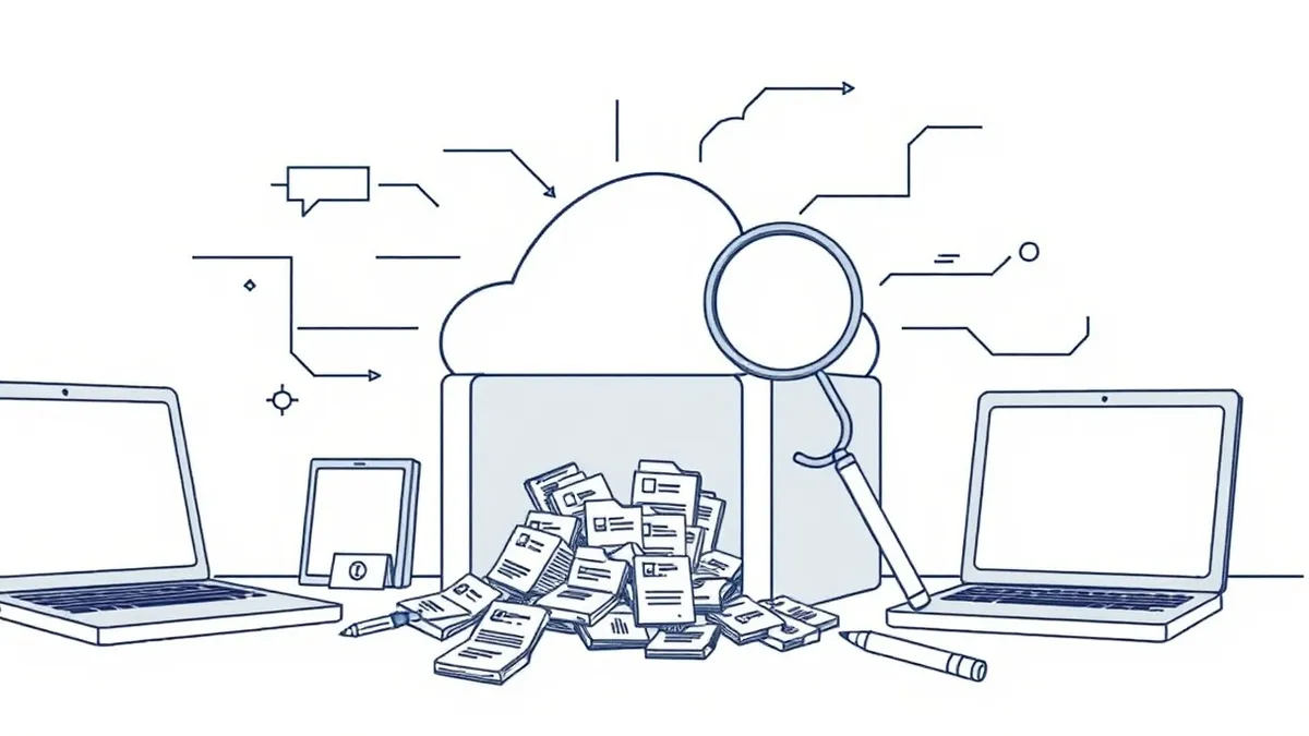 Illustration: A generic cloud storage container sits partially open with confidential digital files spilling onto the floor.