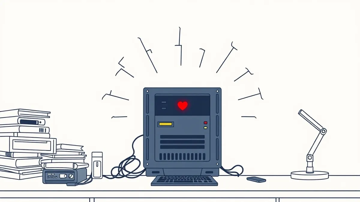 Illustration: A rugged network firewall sits on a cluttered desk, its front panel featuring a single red warning light.