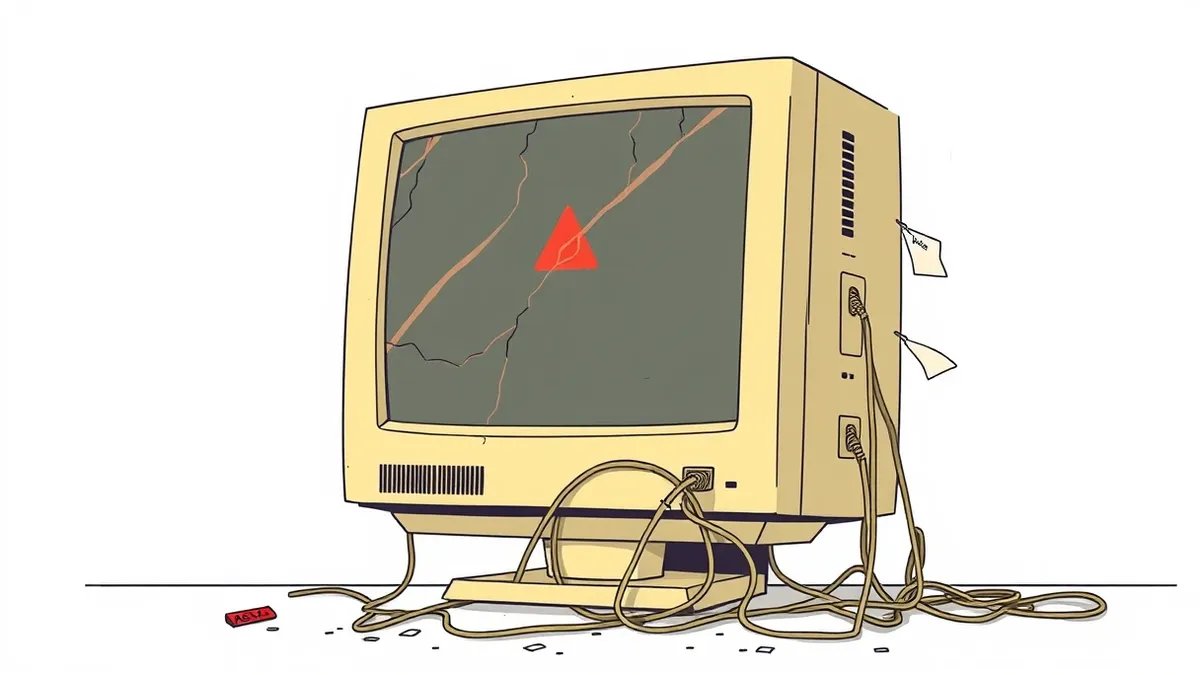 Illustration: A cracked, beige computer monitor sits on a dusty desk, its screen dark and reflecting a single red warning triangle.