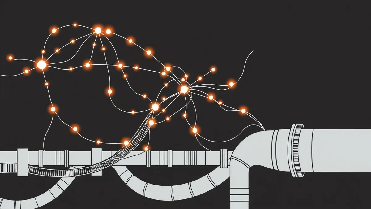 Illustration: A tangled web of glowing digital threads rapidly expands across a dark background, intertwining with rigid, metallic industrial pipes.