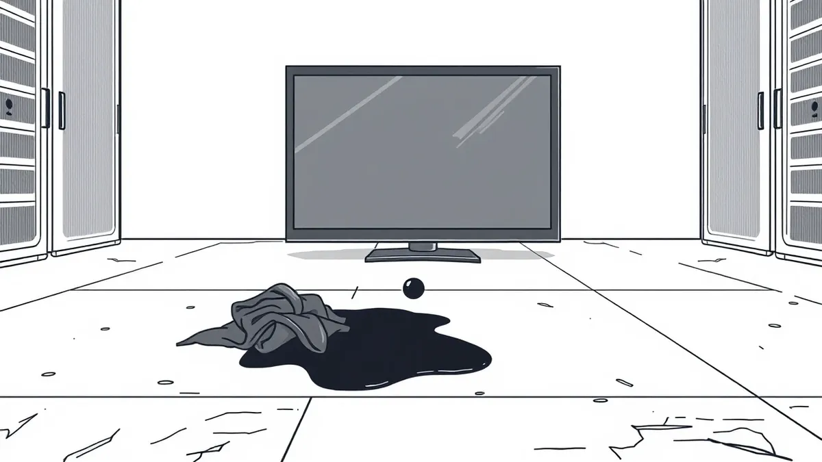 Illustration: A dark server room floor holds a shattered glass monitor and a crumpled black cloth.