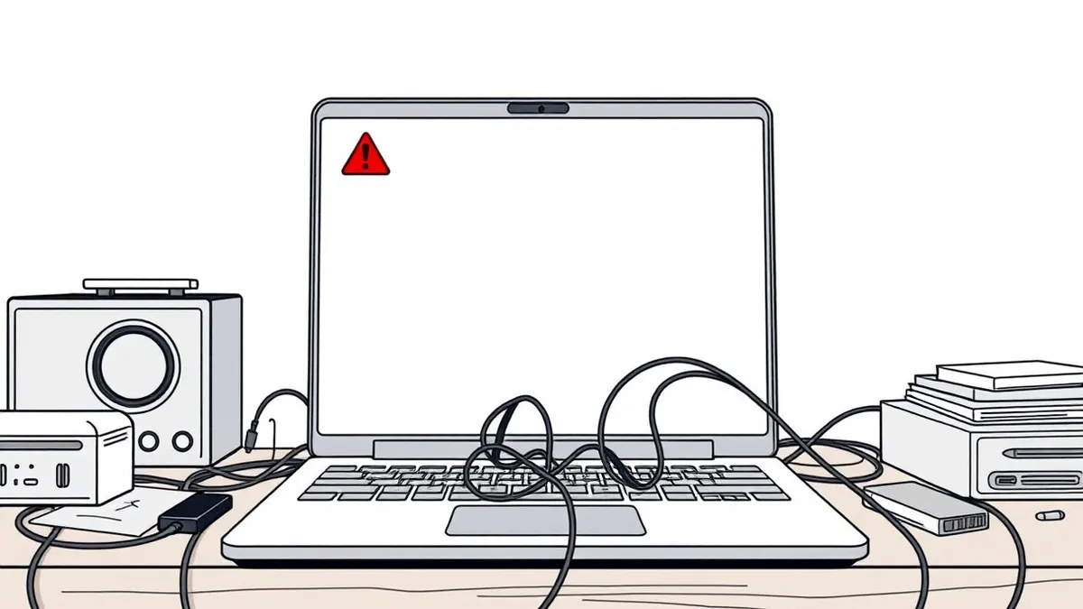 Illustration: A sleek silver laptop sits on a cluttered wooden desk, its screen displaying a blank document interface with a single red warning triangle in the corner.
