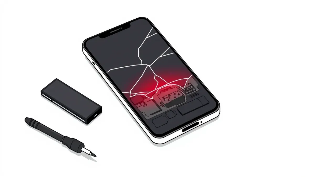 Illustration: A cracked smartphone lies on a clean white workbench beside a small screwdriver and a detached battery.
